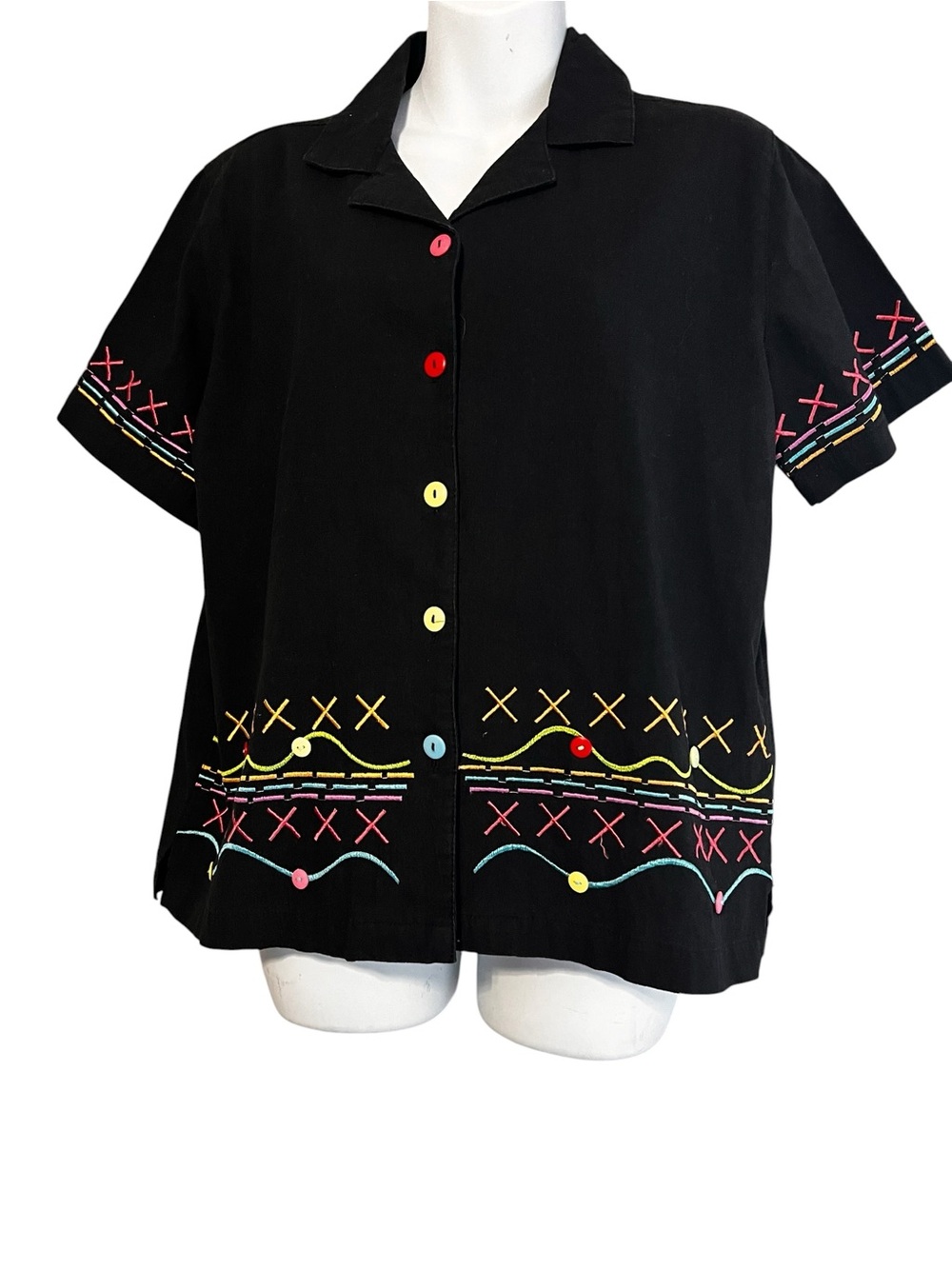Jane Ashley Black Button-Down Top with Multicolor Embroidery